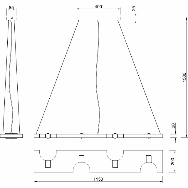 moderne LED hanglamp met 4 lichtpunten in antiek nikkel aluminium en 10W vermogen
