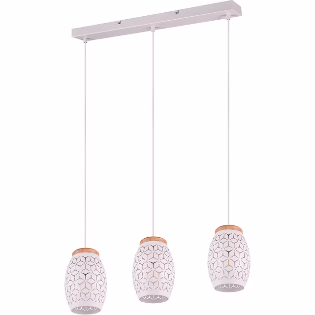 Moderne mat witte metalen LED hanglamp met drie E27 lichtpunten en 28W vermogen Moderne mat witte metalen LED hanglamp met drie E27 lichtpunten en 28W vermogen