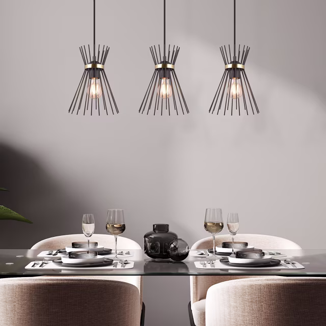 Metalen zwarte en gouden 3-lichts LED hanglamp met E27 fittingen en modern design Metalen zwarte en gouden 3-lichts LED hanglamp met E27 fittingen en modern design