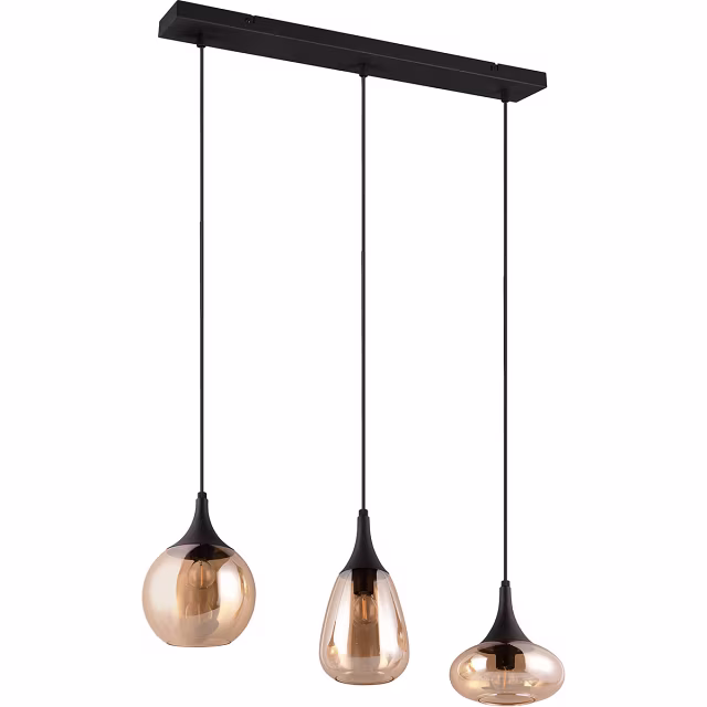 Zwarte metalen hanglamp met drie E14 LED-lichtbronnen en chroom accenten in modern design Zwarte metalen hanglamp met drie E14 LED-lichtbronnen en chroom accenten in modern design