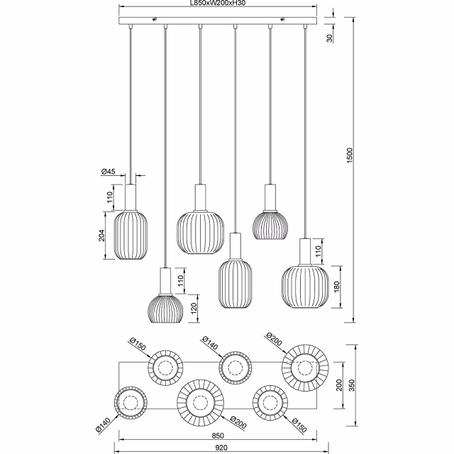 HLW LED Zwarte Metalen LED Hanglamp met Glas - 6x E27 LED Lampen, Modern Design HLW LED Zwarte Metalen LED Hanglamp met Glas - 6x E27 LED Lampen, Modern Design