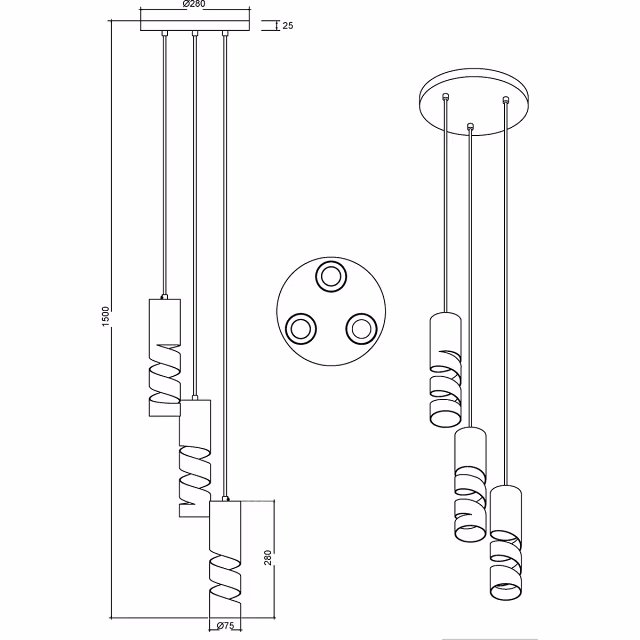 Moderne zwarte metalen LED hanglamp met drie lichtpunten en 10W vermogen Moderne zwarte metalen LED hanglamp met drie lichtpunten en 10W vermogen