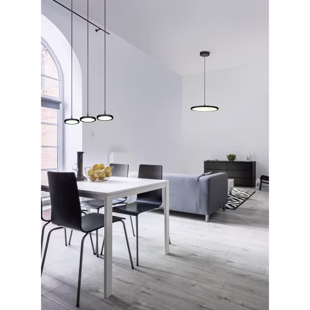 Moderne dimbare zwarte LED hanglamp met 30W vermogen en warm wit licht Moderne dimbare zwarte LED hanglamp met 30W vermogen en warm wit licht
