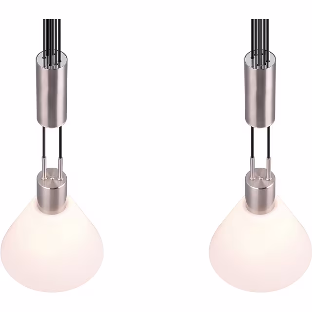 moderne metalen LED hanglamp in nikkelkleur met twee ronde glazen kappen en 40W vermogen moderne metalen LED hanglamp in nikkelkleur met twee ronde glazen kappen en 40W vermogen