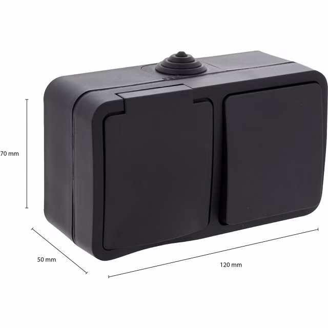 Mat zwart buiten stopcontact en 1-voudige wisselschakelaar met IP54 spatwaterdichte behuizing en LED indicator