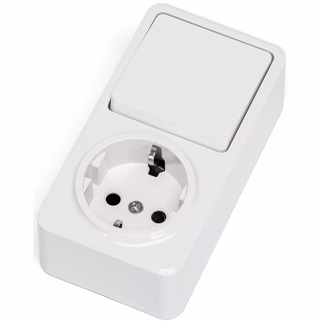 Wit 1-voudig opbouw wandcontactdoos met wisselschakelaar en randaarde in strak design Wit 1-voudig opbouw wandcontactdoos met wisselschakelaar en randaarde in strak design