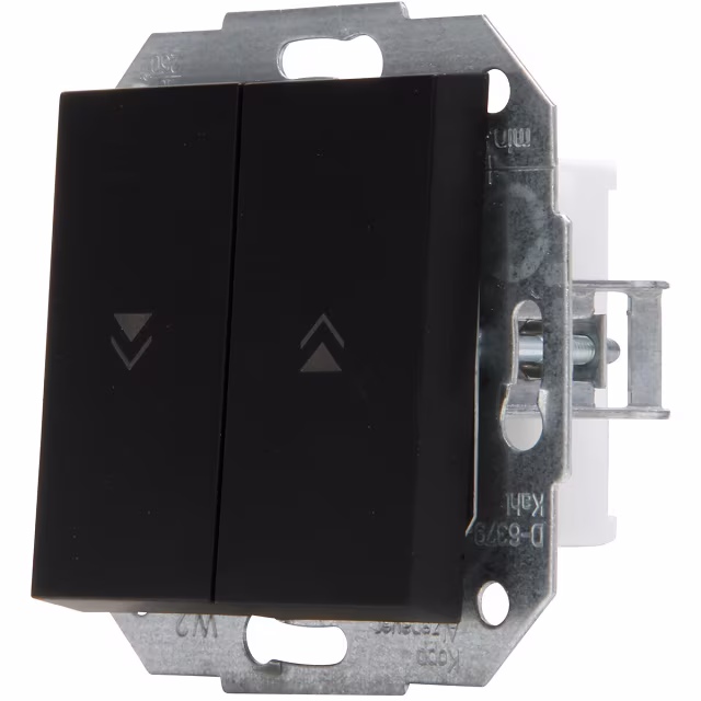 Matzwarte inbouw jaloezieschakelaar met twee knoppen en strak, modern design van thermoplast