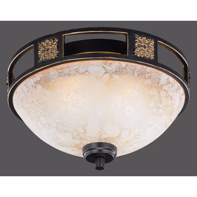 ronde LED plafondlamp in roestkleur met albasten kap en twee E27 fittingen voor warme oranje verlichting