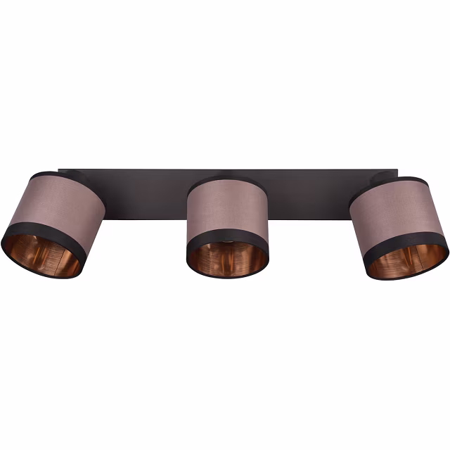 mat zwarte LED plafondlamp met drie taupe E14 lampenkappen en maximaal 10W vermogen mat zwarte LED plafondlamp met drie taupe E14 lampenkappen en maximaal 10W vermogen