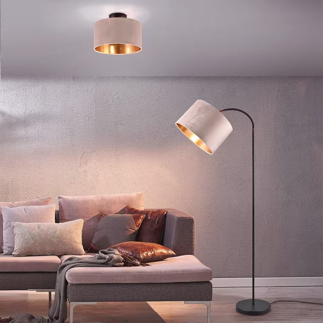 beige LED plafondlamp met textiele kap en twee E14 fittingen tot 40W beige LED plafondlamp met textiele kap en twee E14 fittingen tot 40W