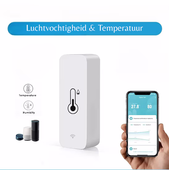 Smartlife Domotica Tuya WiFi Temperatuur- en Vochtigheidssensor | LED-display | Real-time metingen | App- en spraakbediening | Compact ontwerp Smartlife Domotica Tuya WiFi Temperatuur- en Vochtigheidssensor | LED-display | Real-time metingen | App- en spraakbediening | Compact ontwerp