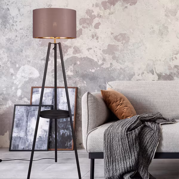 HLW LED LED Vloerlamp Trion Loet - Zwarte Metalen Vloerlamp met E27 Fitting en Taupe Lichtvenster