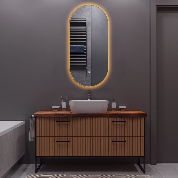 HLW LED LED Spiegel 50x100cm Goud | Verwarming & Dimbaar | 220-250V HLW LED LED Spiegel 50x100cm Goud | Verwarming & Dimbaar | 220-250V