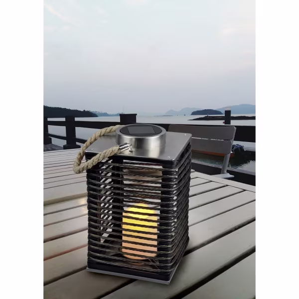 HLW LED LED Tafellamp met Zonne-energie, Sensor & Spatwaterdicht - Mat Zwarte Stoffen Kap