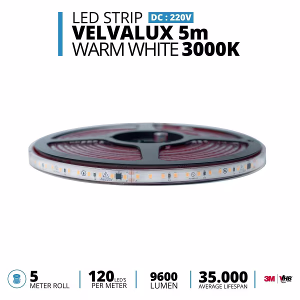 Velvalux Dimbare LED Strip 5 Meter - Warm Wit 3000K - Waterdicht IP67 Velvalux Dimbare LED Strip 5 Meter - Warm Wit 3000K - Waterdicht IP67