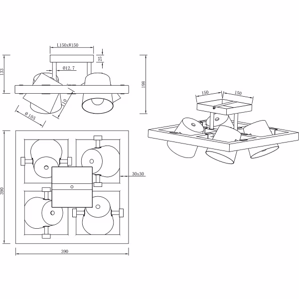 HLW LED LED Plafondspot - Trion Bimm - E14 Fitting - 4-lichts - Rond - Antiek Nikkel - Aluminium