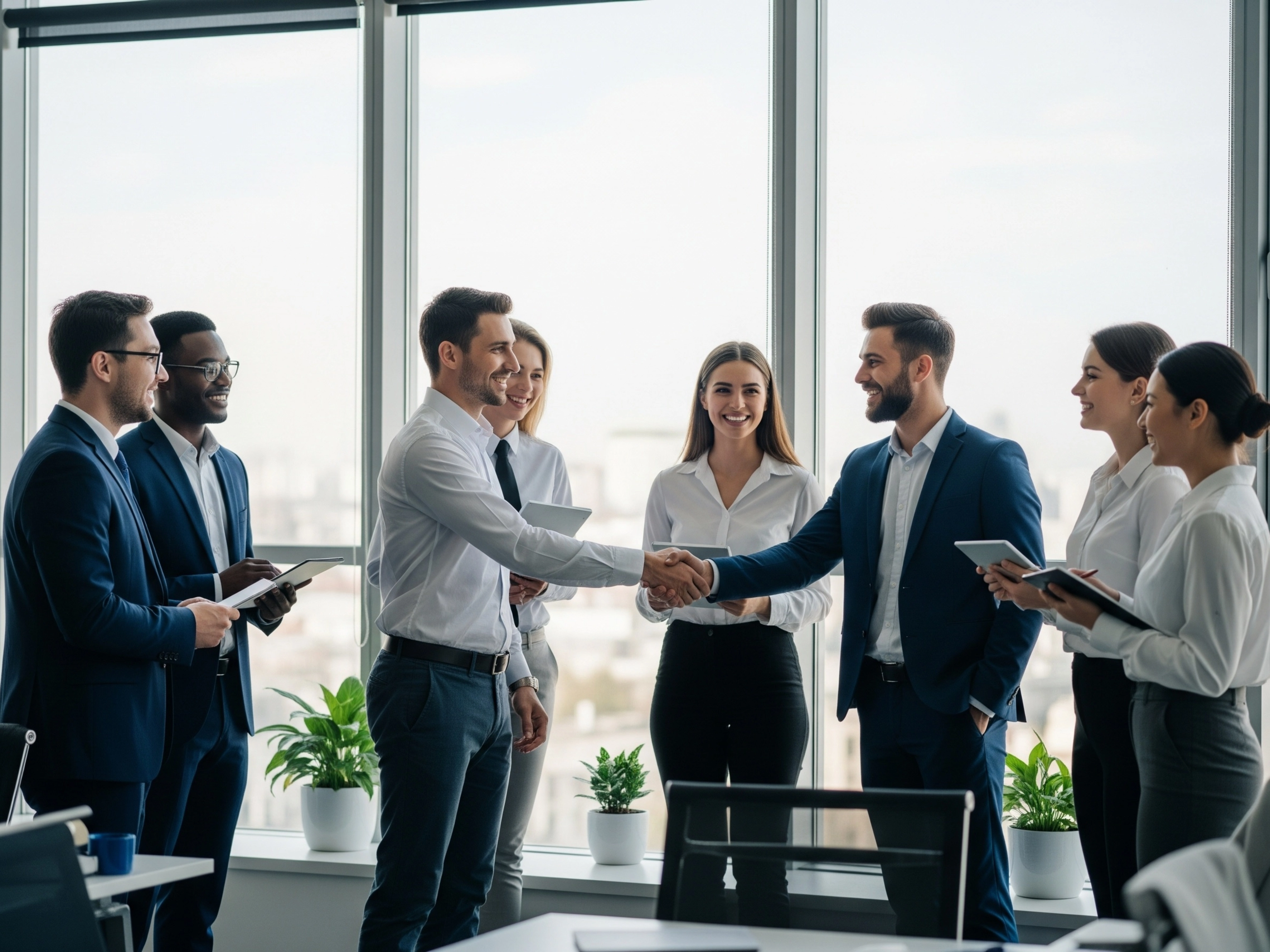 Two businessmen shaking hands in a modern corporate office, surrounded by their smiling professional team.
