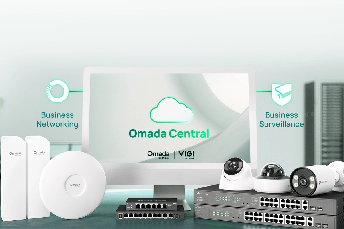 A computer screen displays "Omada Central" with icons for Business Networking and Business Surveillance. Network devices and cameras are arranged below.