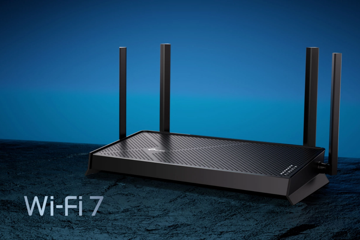 Sleek black Wi-Fi 7 router with four vertical antennas on a textured surface. The background is a gradient of blue, creating a modern, futuristic feel.