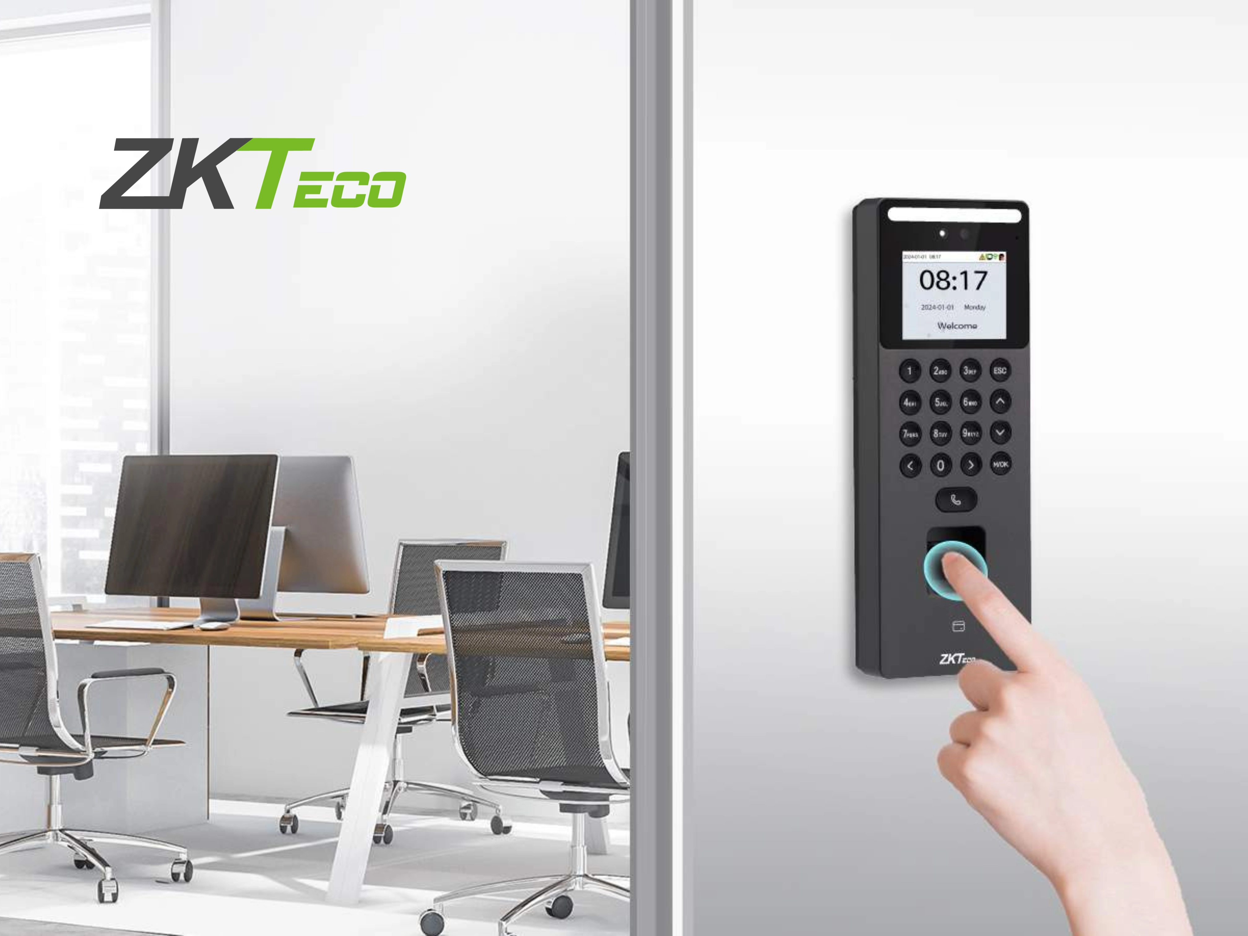 A person presses a fingerprint scanner on a sleek black access control device beside a modern office with computers and chairs, conveying security and technology.