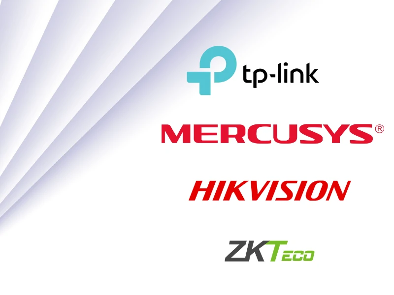 Logos of four technology companies: tp-link in teal and black, MERCUSYS in red, HIKVISION in red, and ZKTeco in green and black, on a white background.