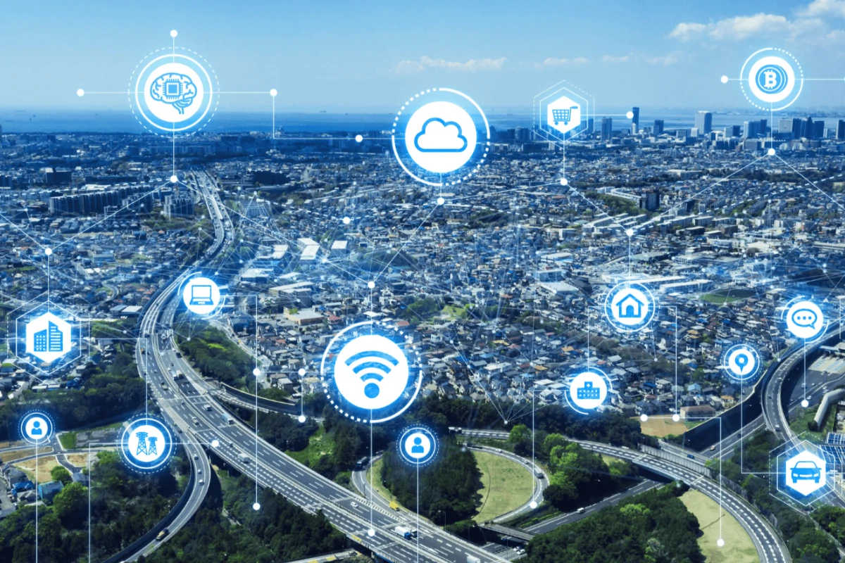 Aerial view of a city with interconnected digital icons representing technology concepts like cloud storage, Wi-Fi, and smart homes, conveying innovation.
