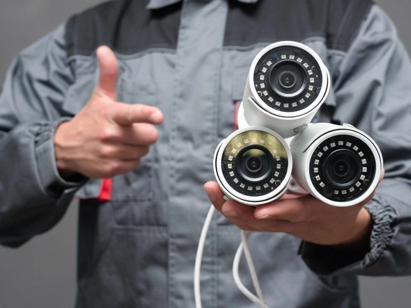 Technician in grey uniform holds three security cameras in one hand, giving a thumbs up with the other hand, conveying reliability and assurance.