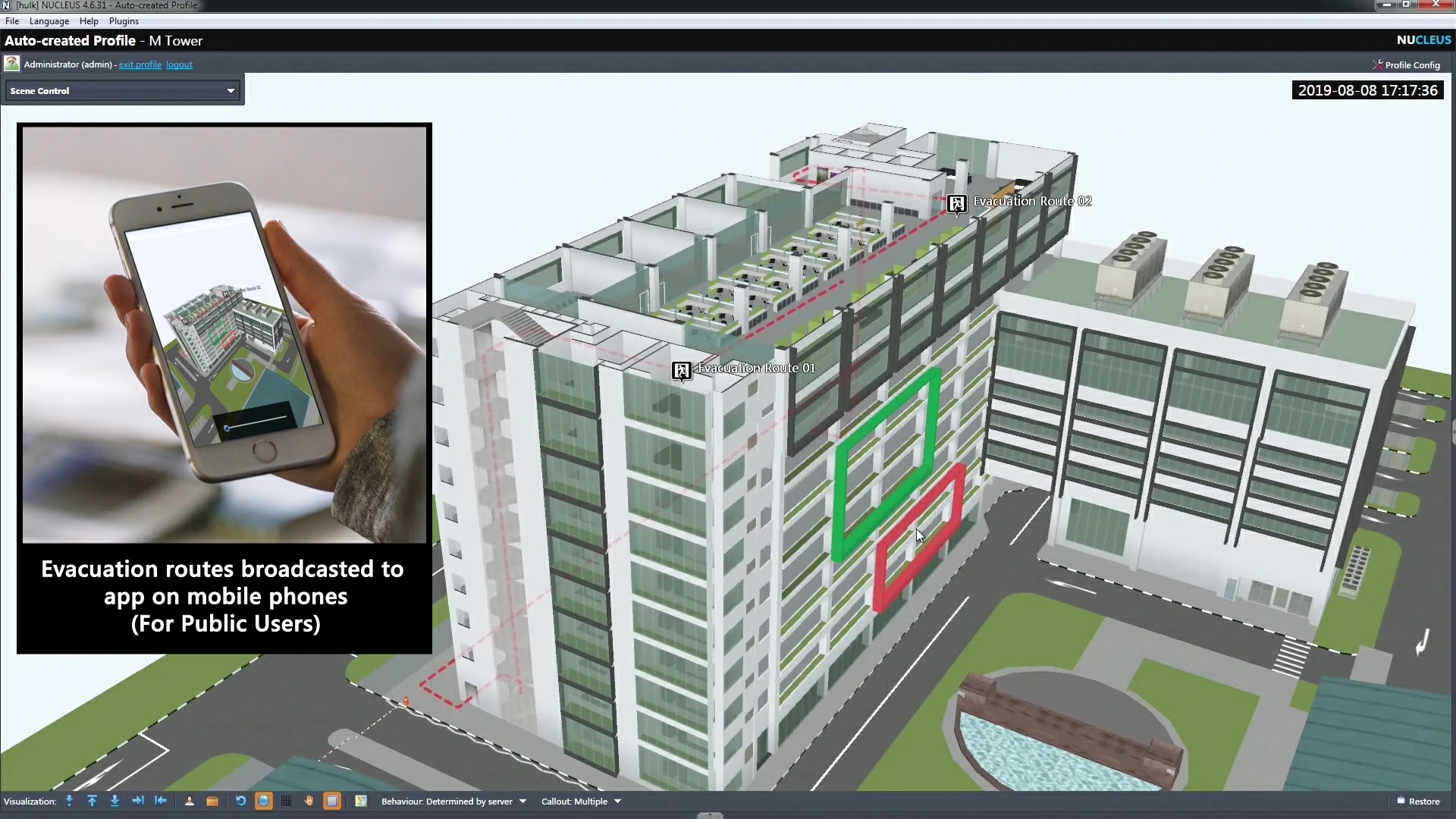3D rendering of a building's evacuation plan with routes highlighted. Inset shows a phone displaying the plan. Text states routes are for public app users.