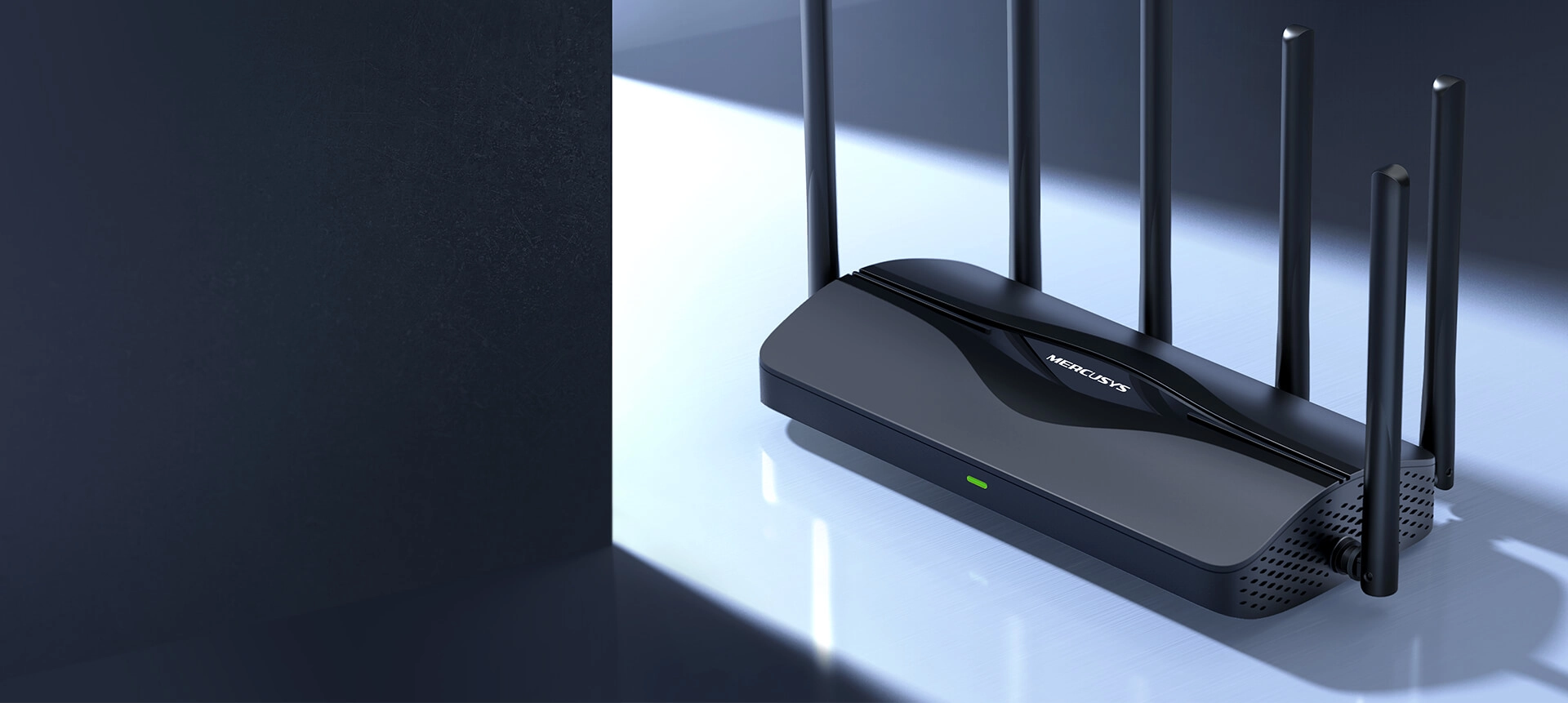A sleek, modern black wireless router with six antennas stands on a reflective surface in a dimly lit room, casting soft shadows, conveying a high-tech aesthetic.