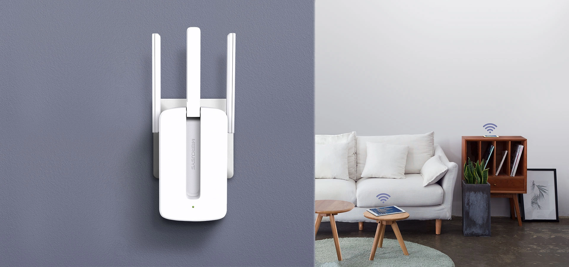 A white Wi-Fi extender with antennas is mounted on a gray wall. Nearby, a cozy living room with a sofa and bookshelf conveys a modern, connected home.