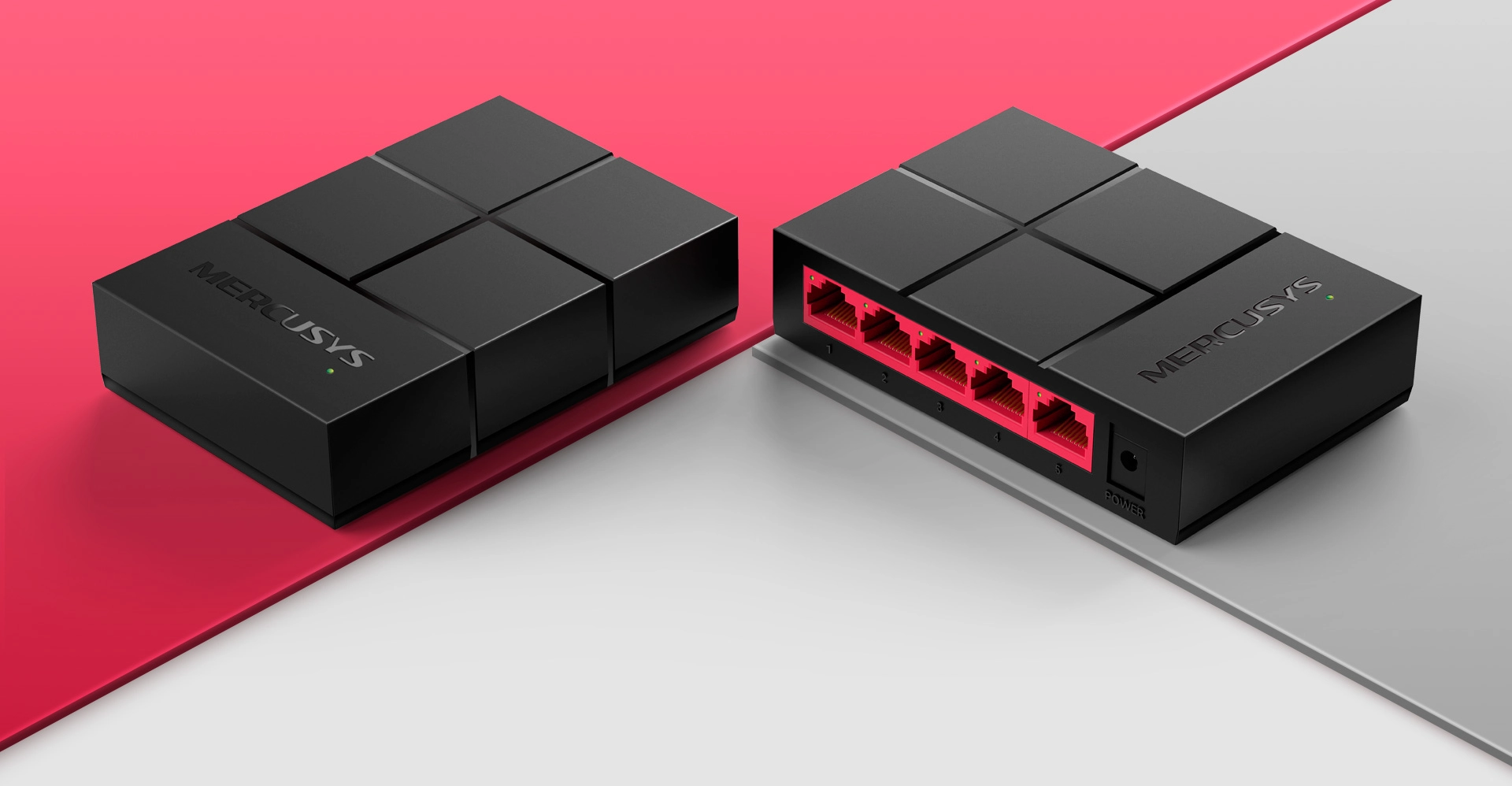 Two black network switches on red and gray surfaces. One shows its red ports; the other is closed. The sleek design conveys a modern tech aesthetic.