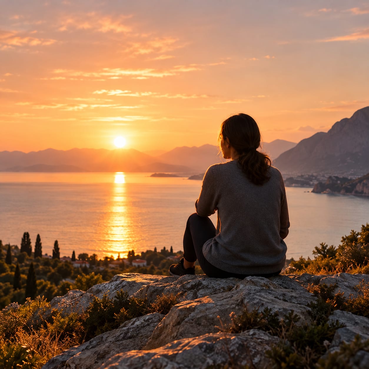Persona seduta davanti al mare al tramonto