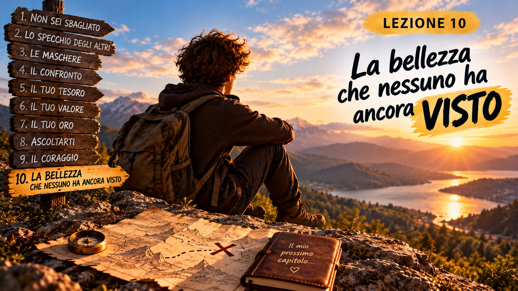 Un ragazzo davanti a un paesaggio al tramonto