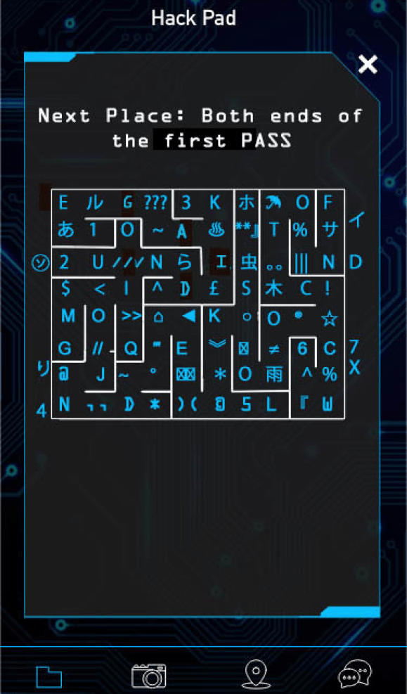 A rough prototype of the game, with a maze filled with various symbols and letters making up the bulk of the puzzle 