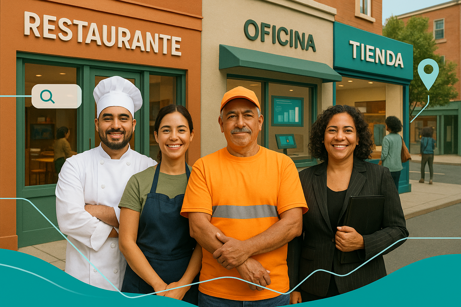 Propietarios de negocios latinos orgullosamente frente a su negocio local