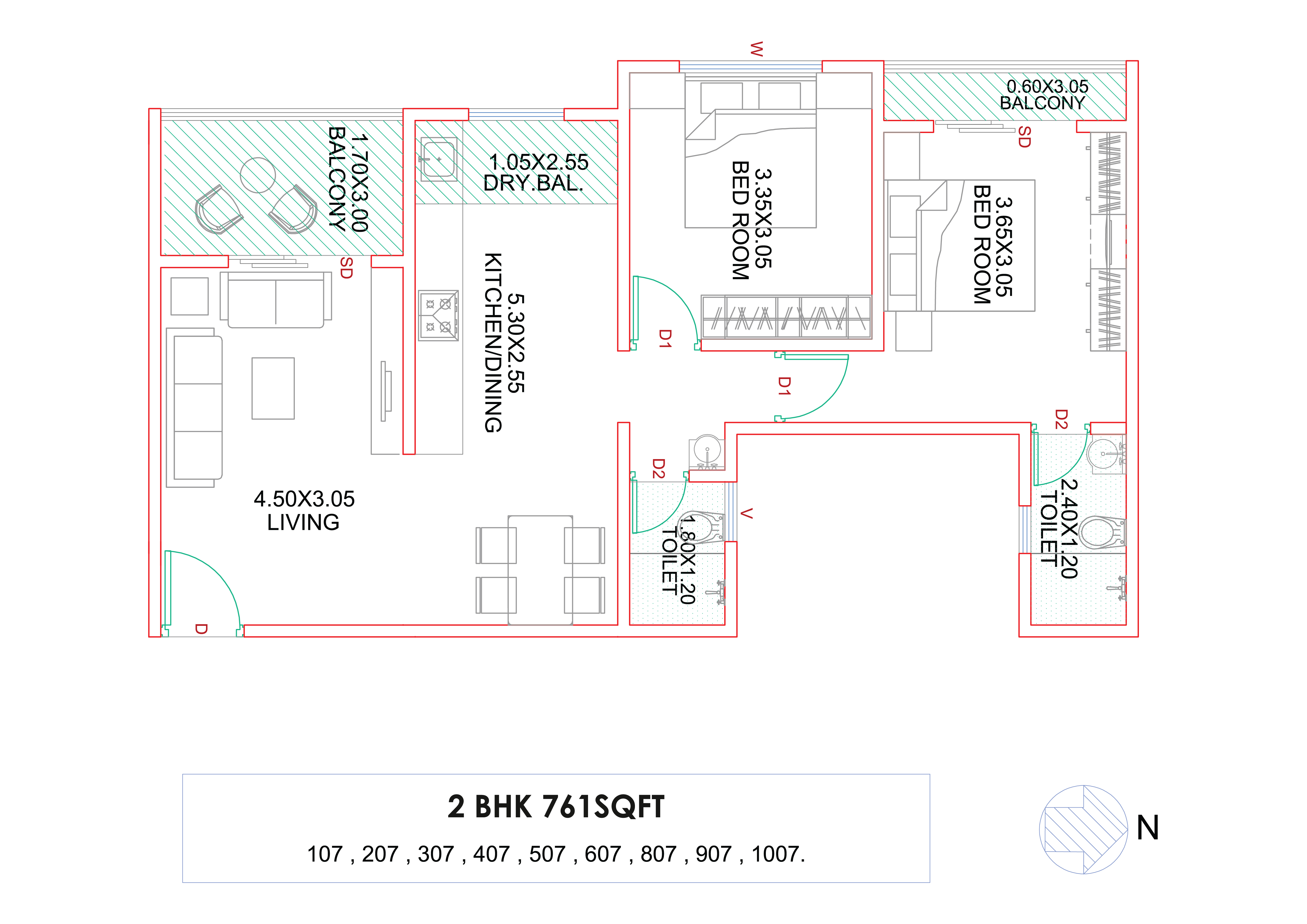 2 BHK 715 sq.ft Floor Plan