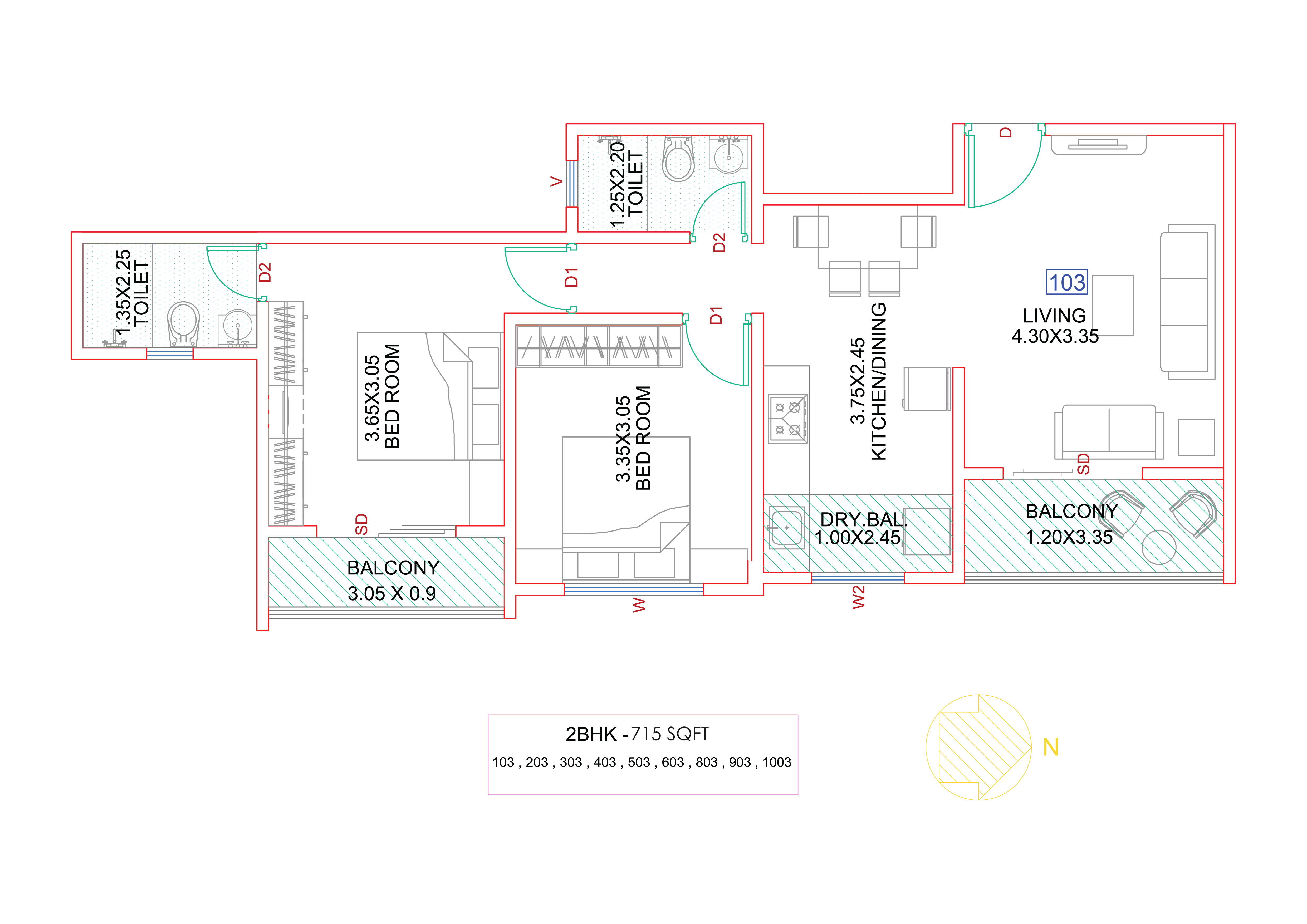 2 BHK 737 sq.ft Floor Plan