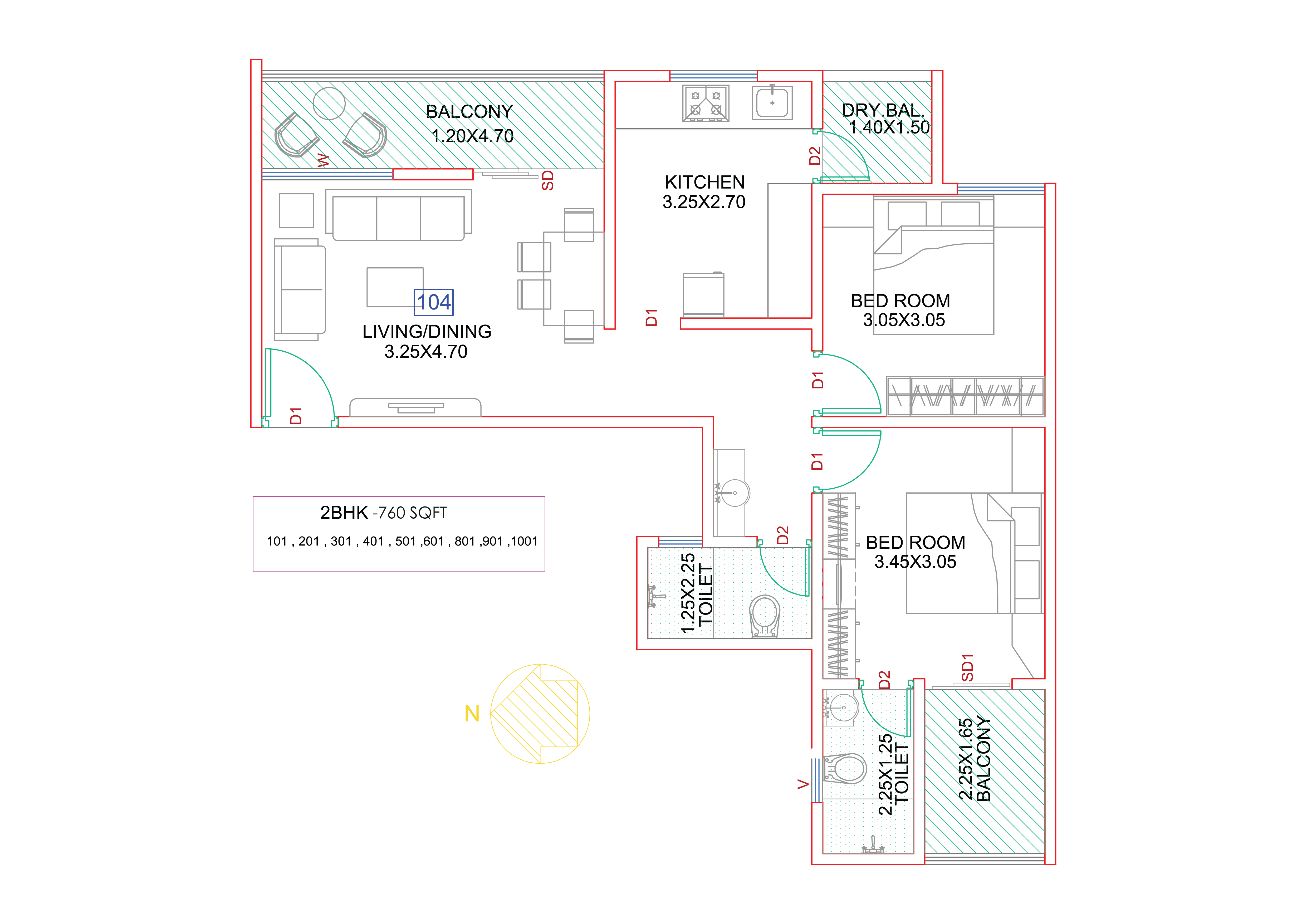 2 BHK 744 sq.ft Floor Plan