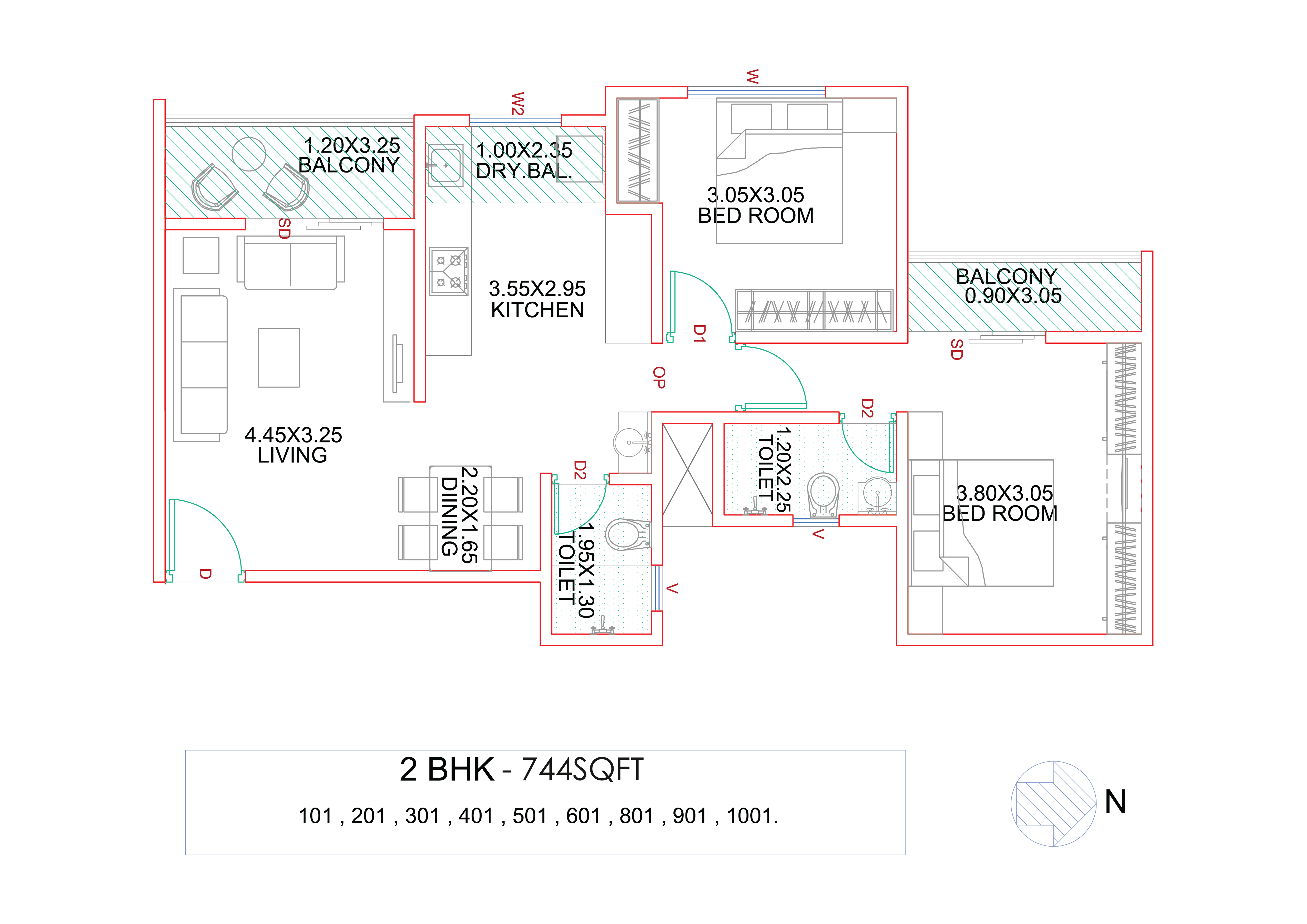 2 BHK 740 sq.ft Floor Plan