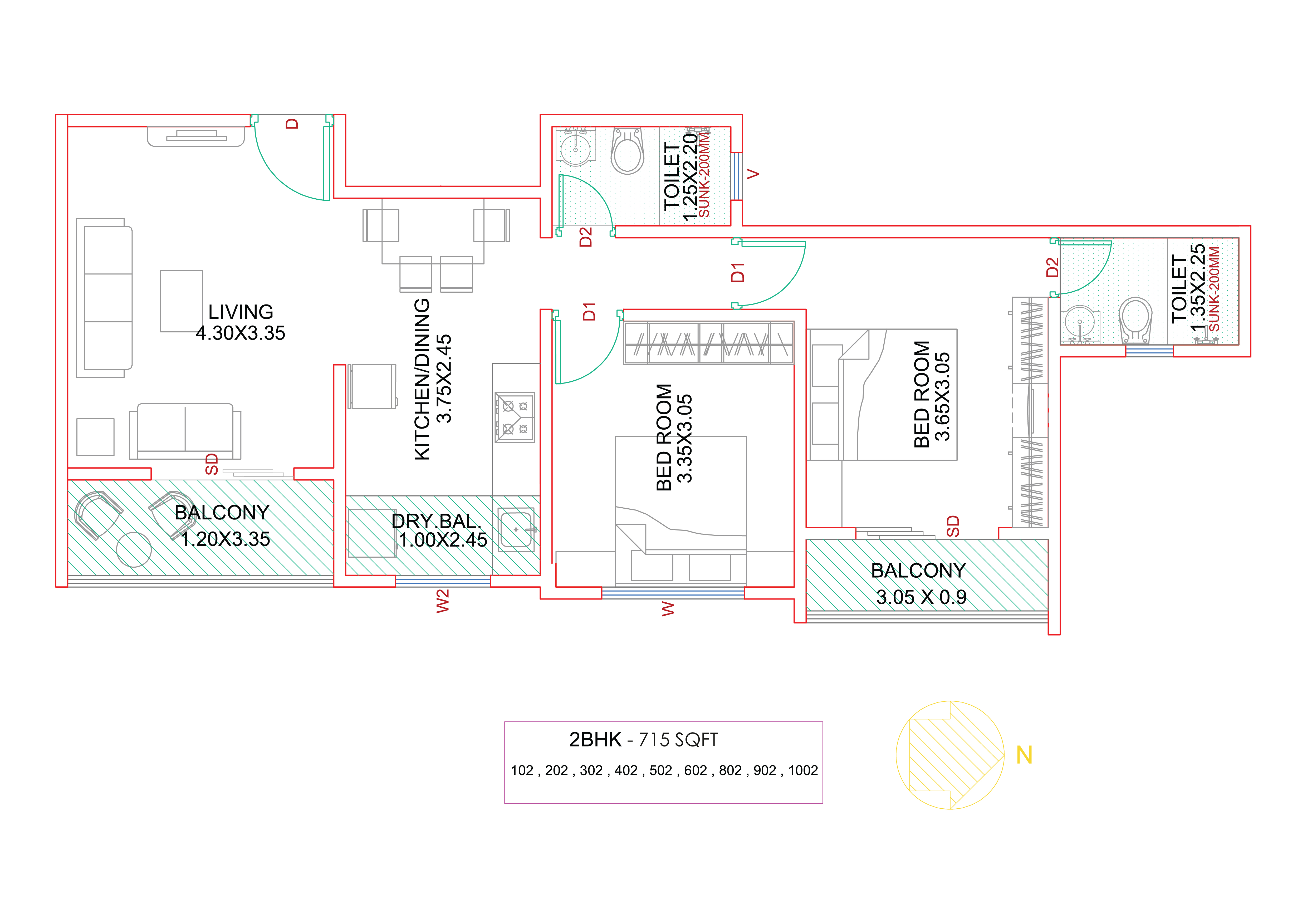 2 BHK 751 sq.ft Floor Plan