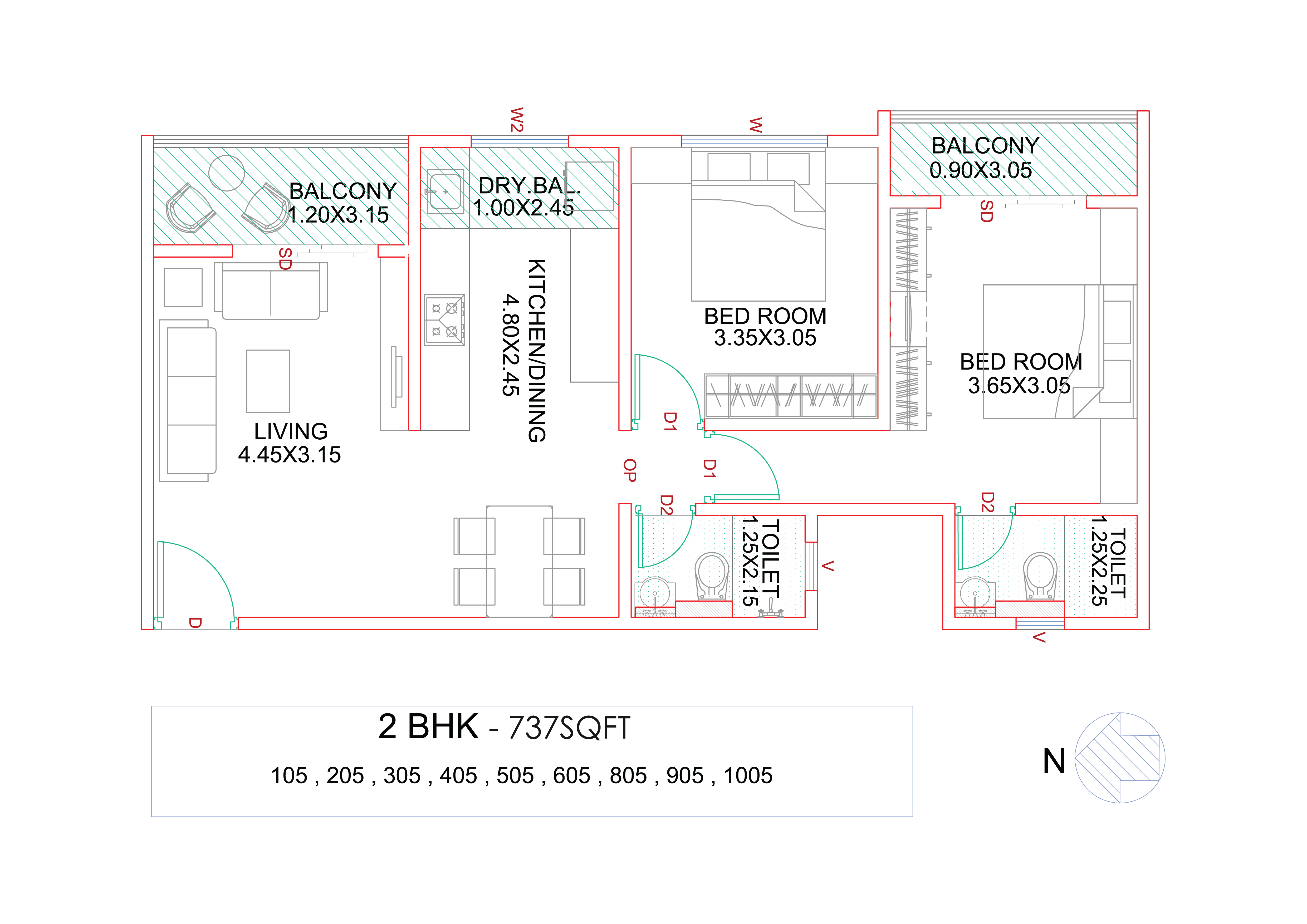 2 BHK 758 sq.ft Floor Plan