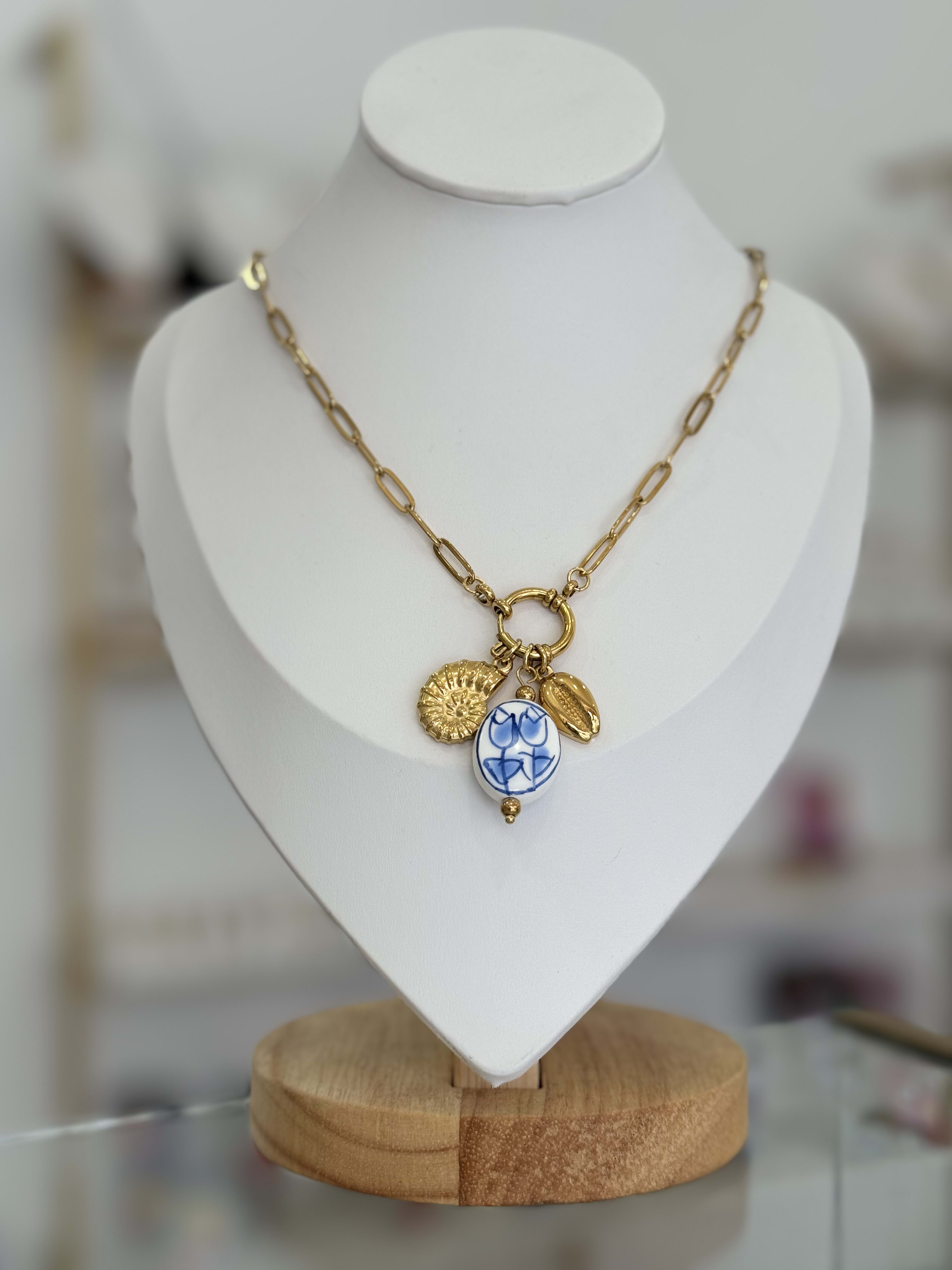 Collar Dijes Caracol Flor Pintada Artístico Chapa Oro 14K Acero Inoxidable Mujer