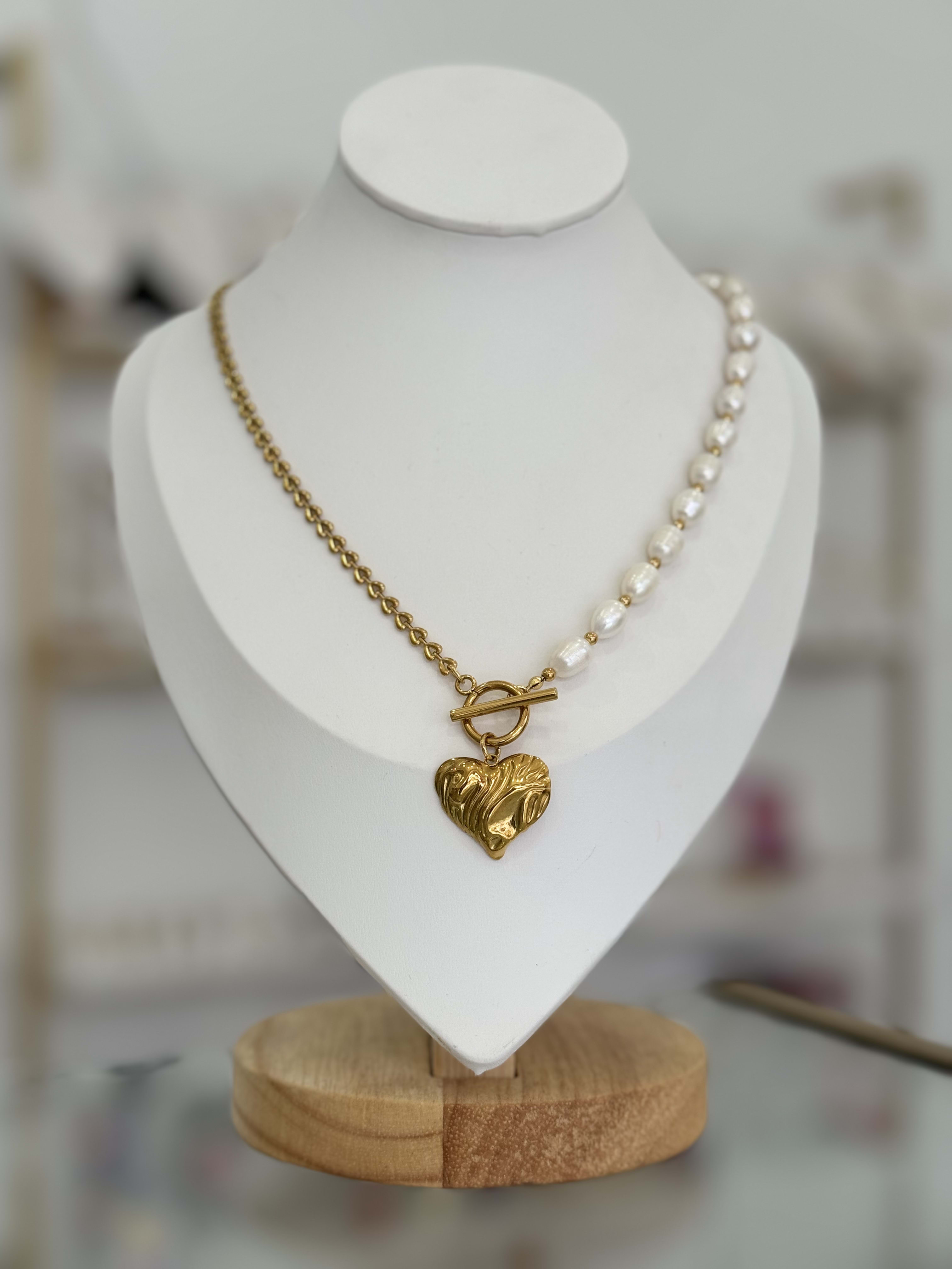 Collar Mitad Eslabones Perlas Corazón Romántico Chapa Oro 14K Acero Inoxidable Mujer