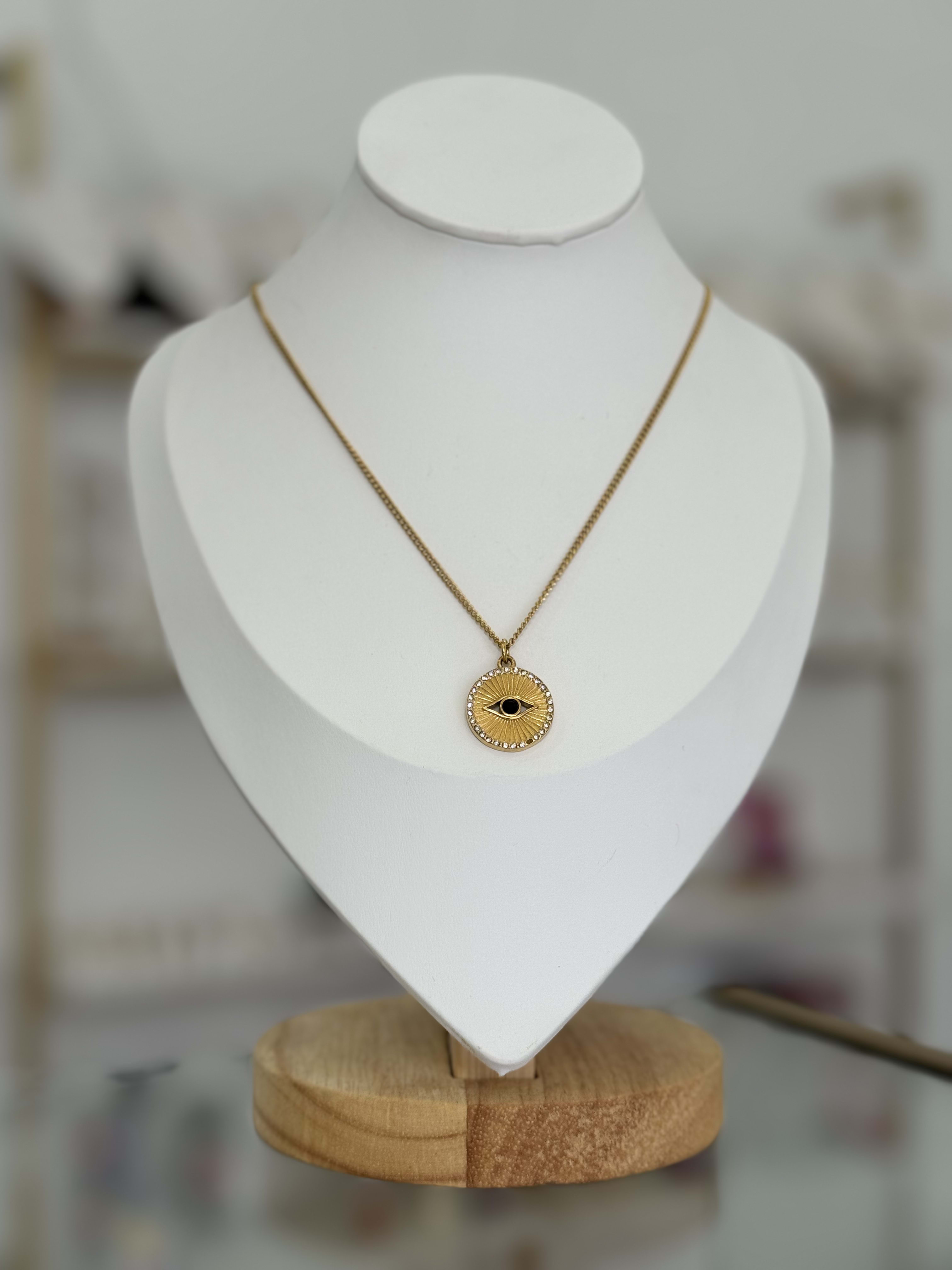 Collar Cadena Barbada Dije Ojo Turco Protección Chapa Oro 14K Acero Inoxidable Mujer
