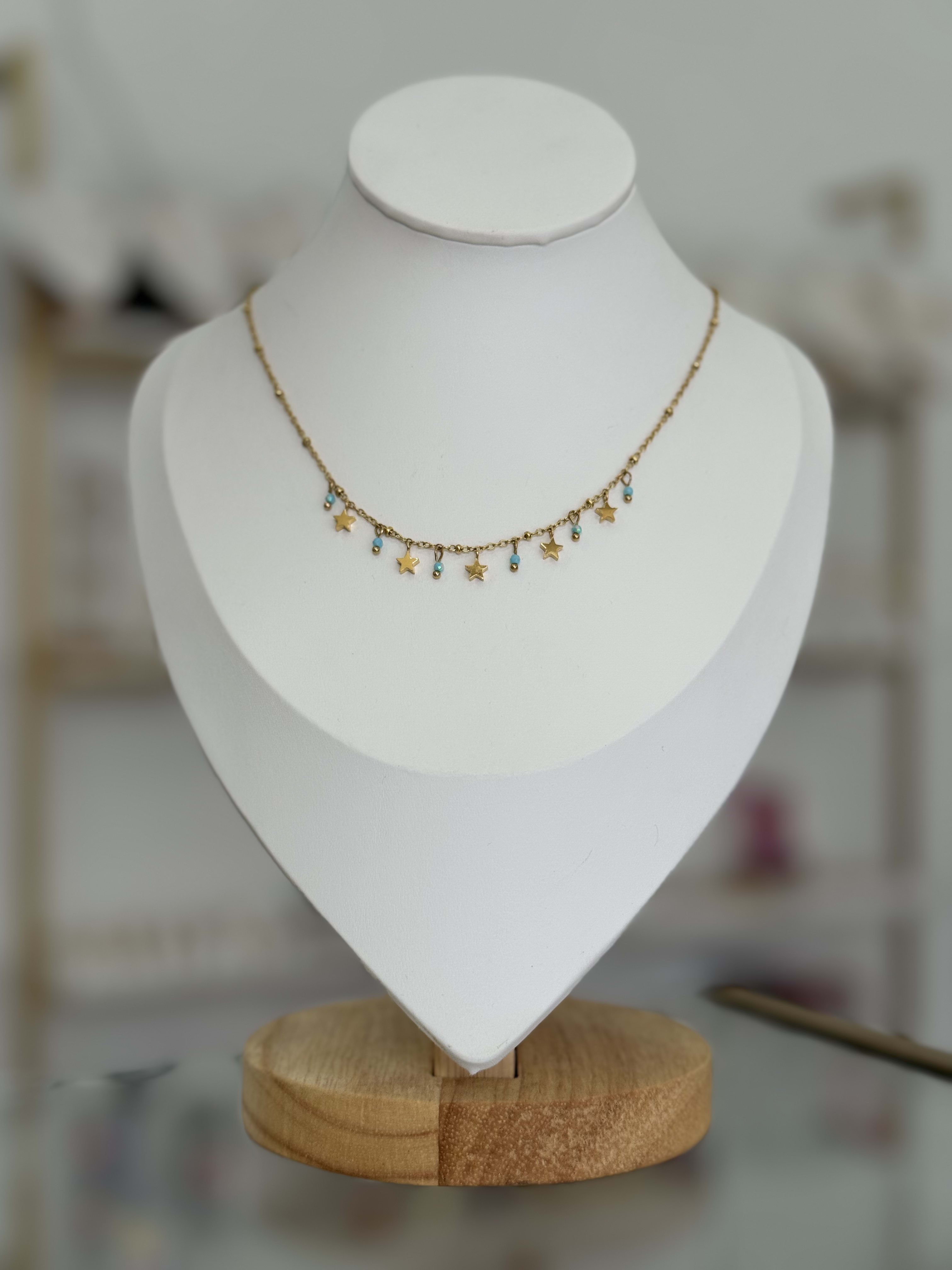Collar Dijes Estrellitas Turquesa Boho Chapa Oro 14K Acero Inoxidable Mujer