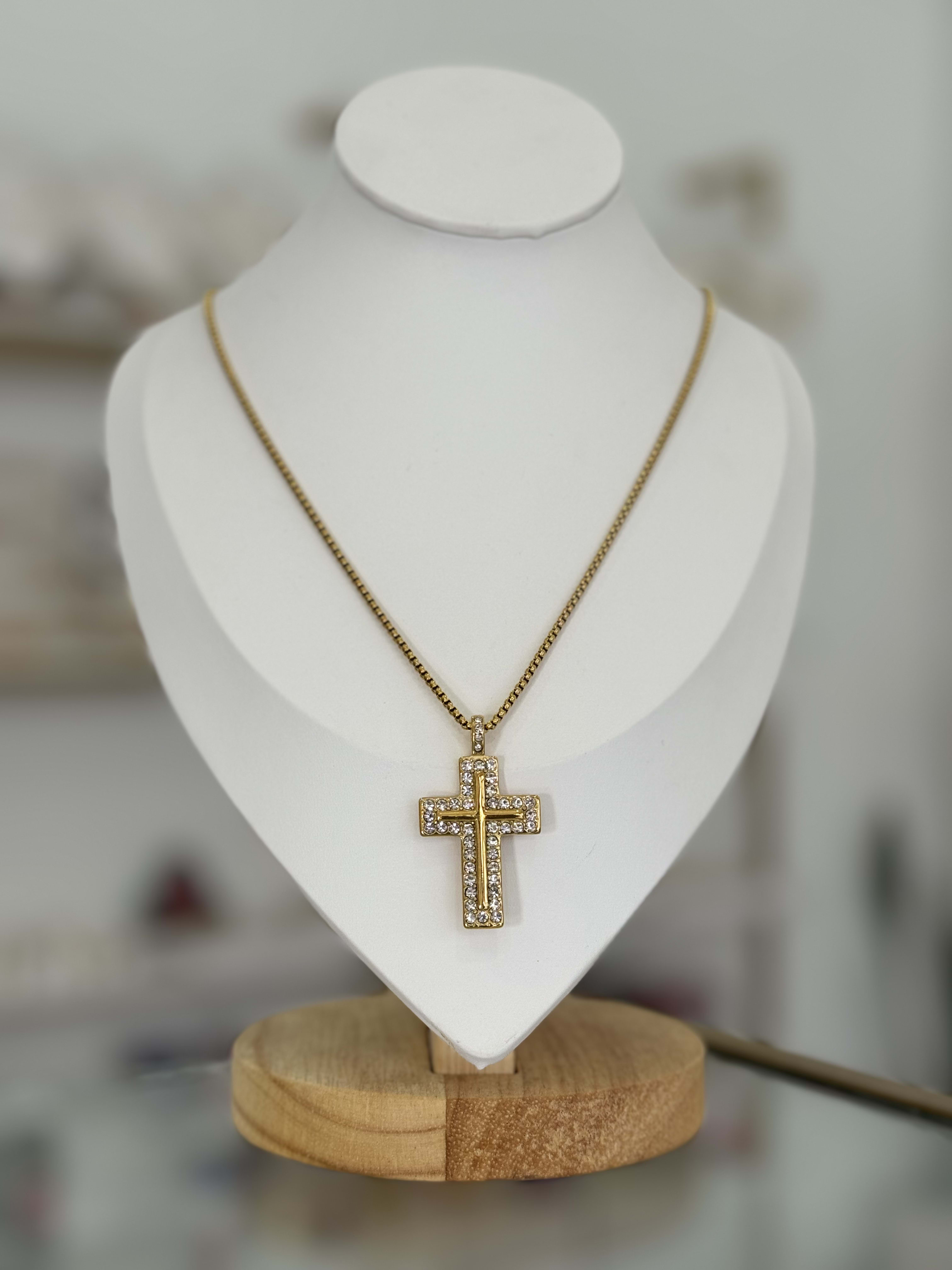 Collar Cruz Doble Zirconias Premium Chapa Oro 14K Acero Inoxidable Mujer