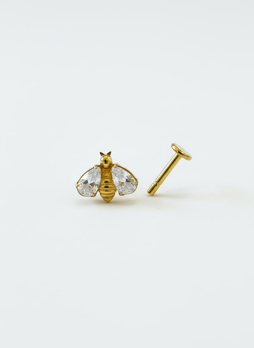 Piercing labret titanio 16G, abeja con zirconia grande, dorada
