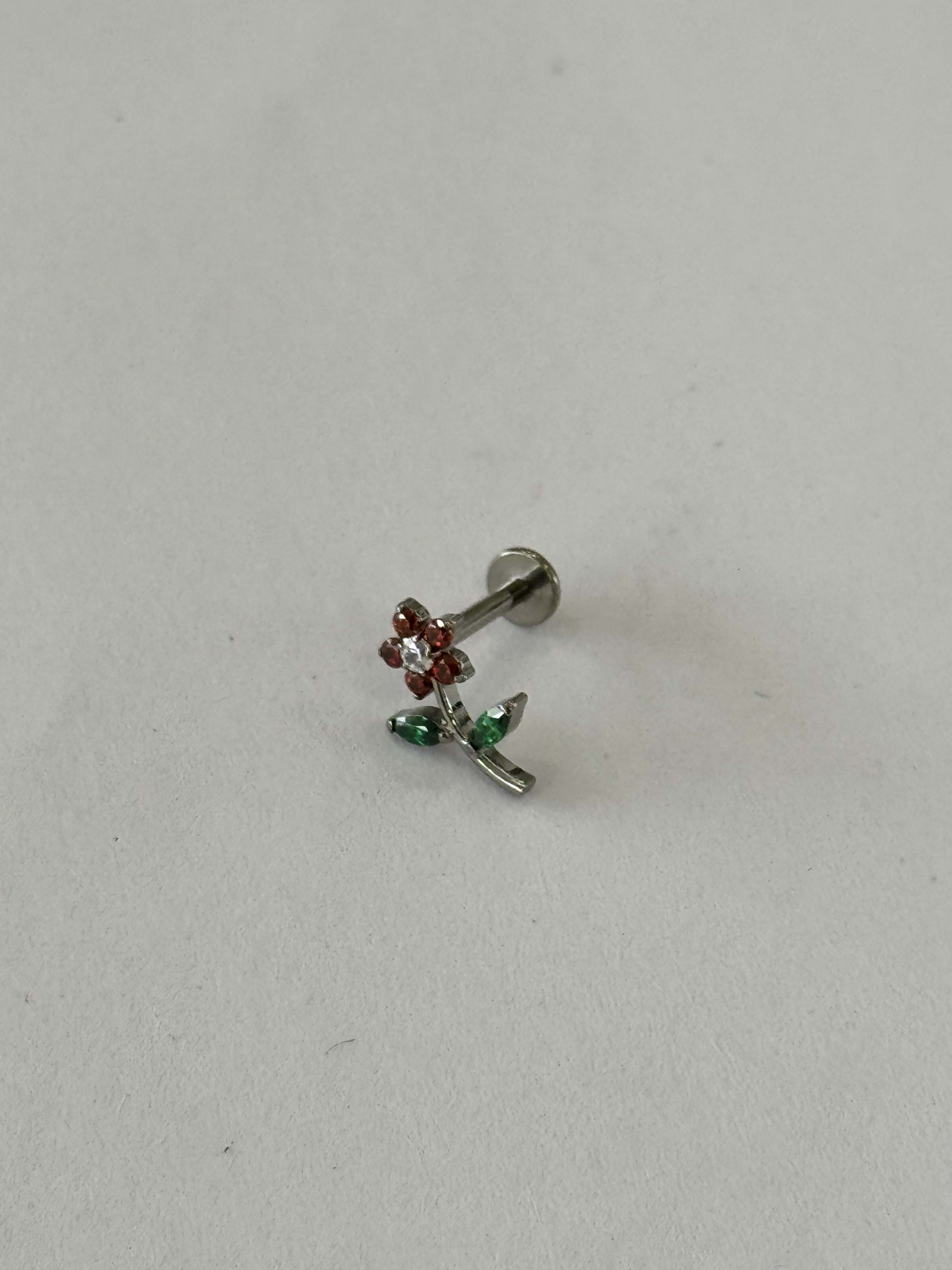 Labret Piercing Rosa Roja Plateado