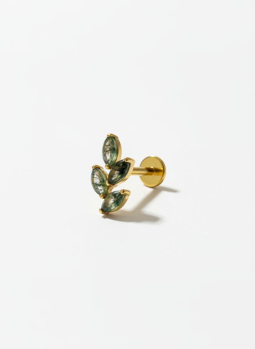 Piercing labret titanio 16G, plantita en agata musgoza