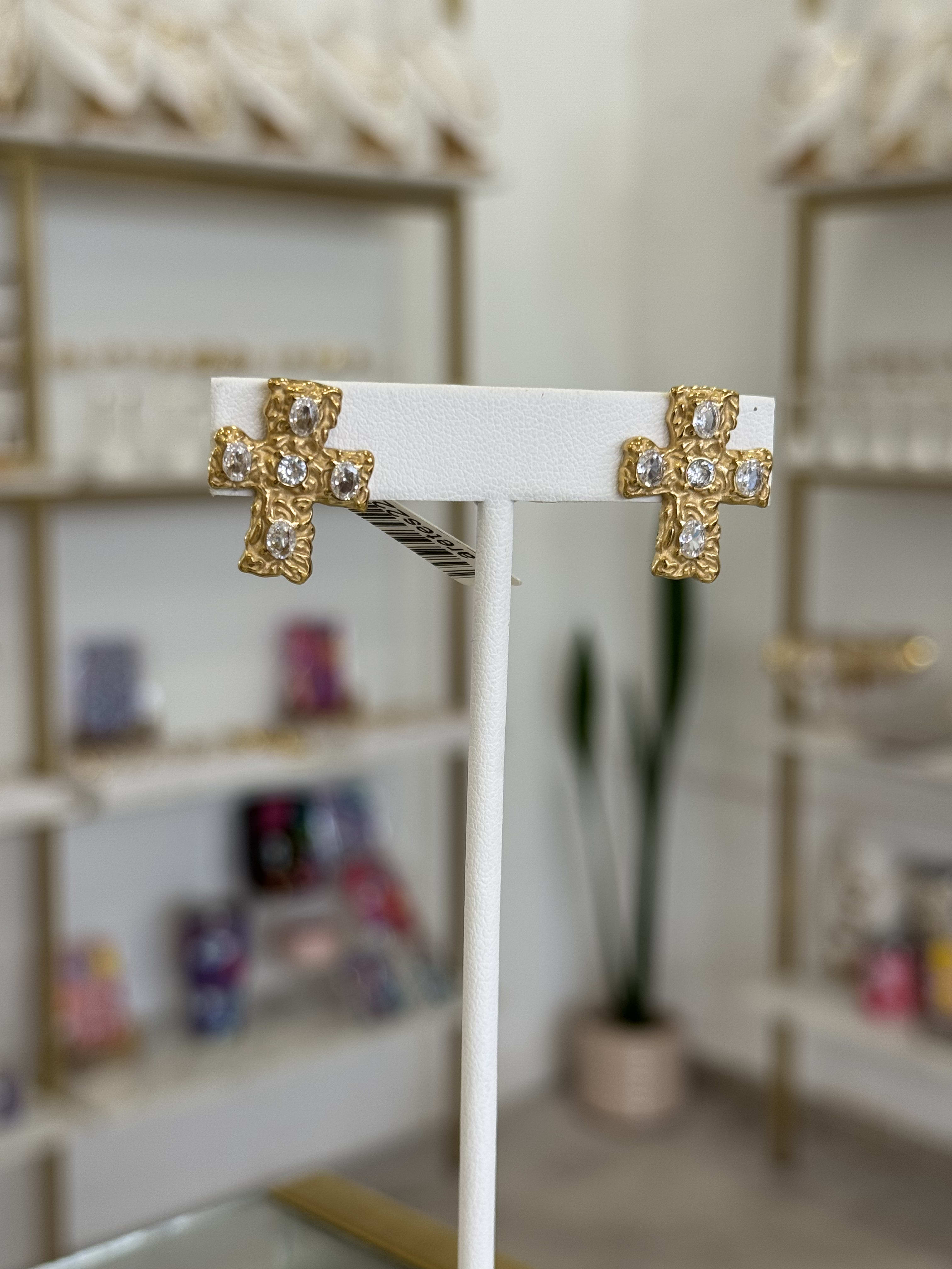 Aretes Cruz 5 Zirconias Dorados Elegantes Acero Mujer